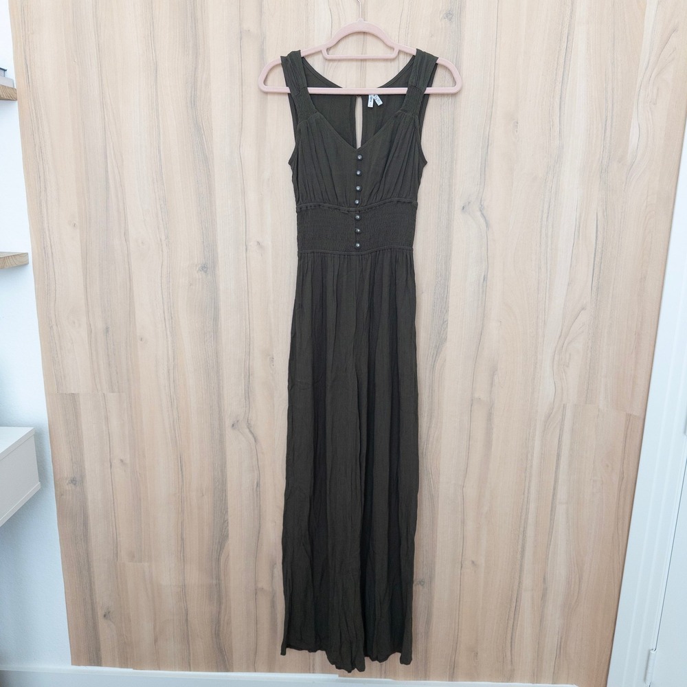Mudd Womens Wide Leg Jumpsuit Small Olive Green Button Front Boho Cottage Earthy
